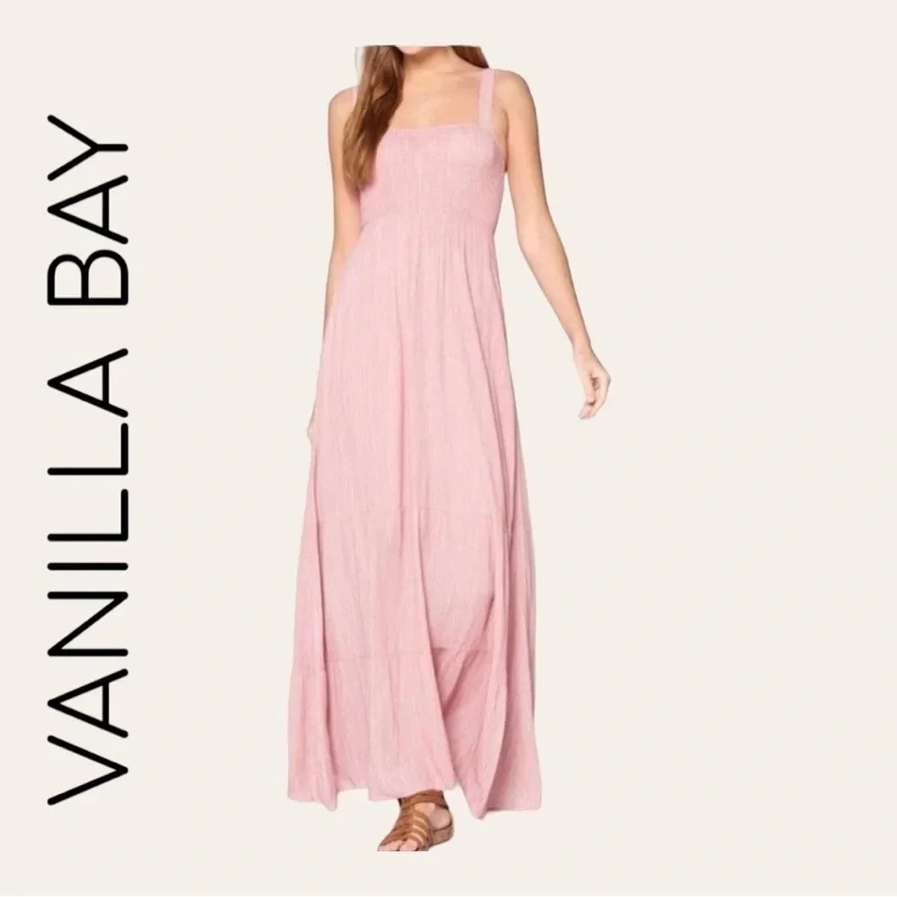 0443. Vanilla BAY‎ MAXI DRESS TIED STRAPS SIZE LARGE SMOCKING TOP PINK IN COLOR